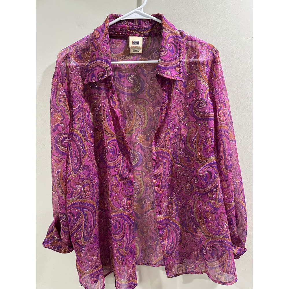 Vintage Faded Glory Plus 18W 20W Paisley Sheer Shimmer Button Up Blouse Purple